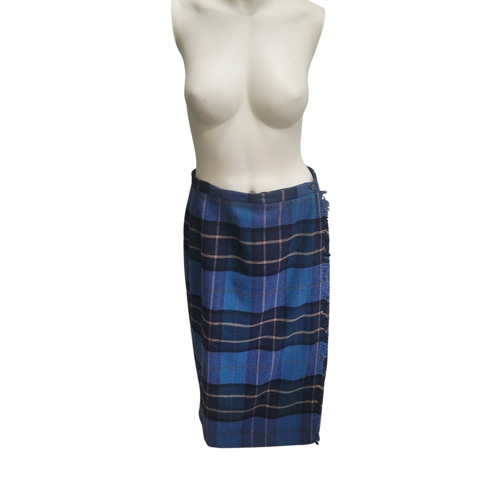 Rafaella Petites Blue Plaid Wool Tartan Fringed Wrap Midi Skirt 8P